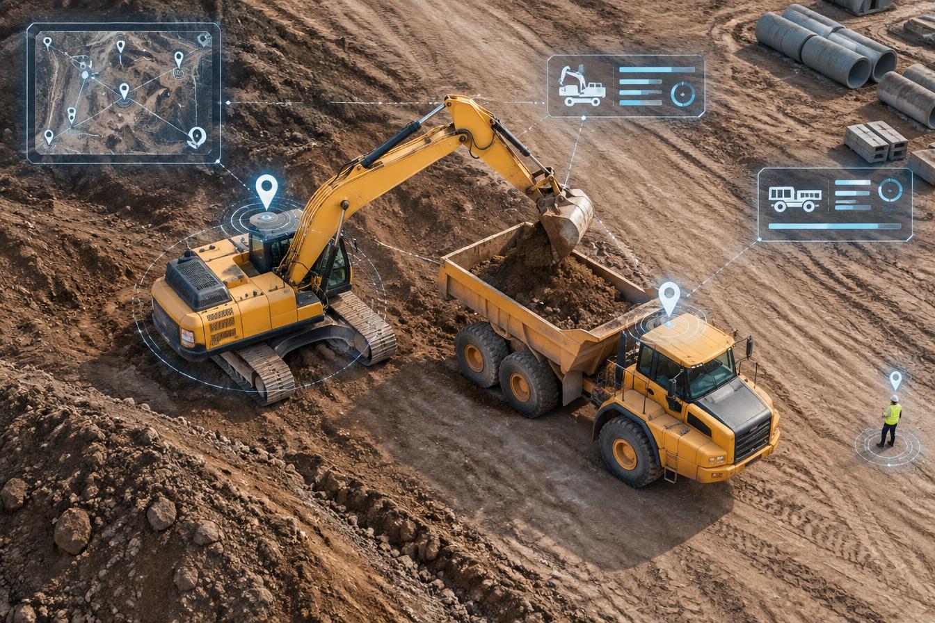 Cantiere con escavatore e camion tracciati in tempo reale