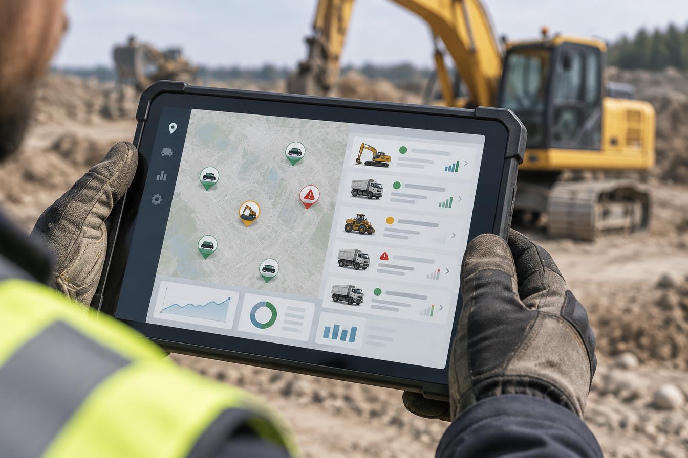 Tablet con dashboard di controllo flotta in cantiere