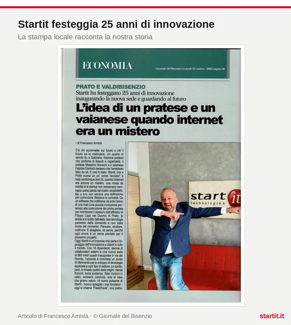 Articolo del Giornale del Bisenzio sui 25 anni di Startit