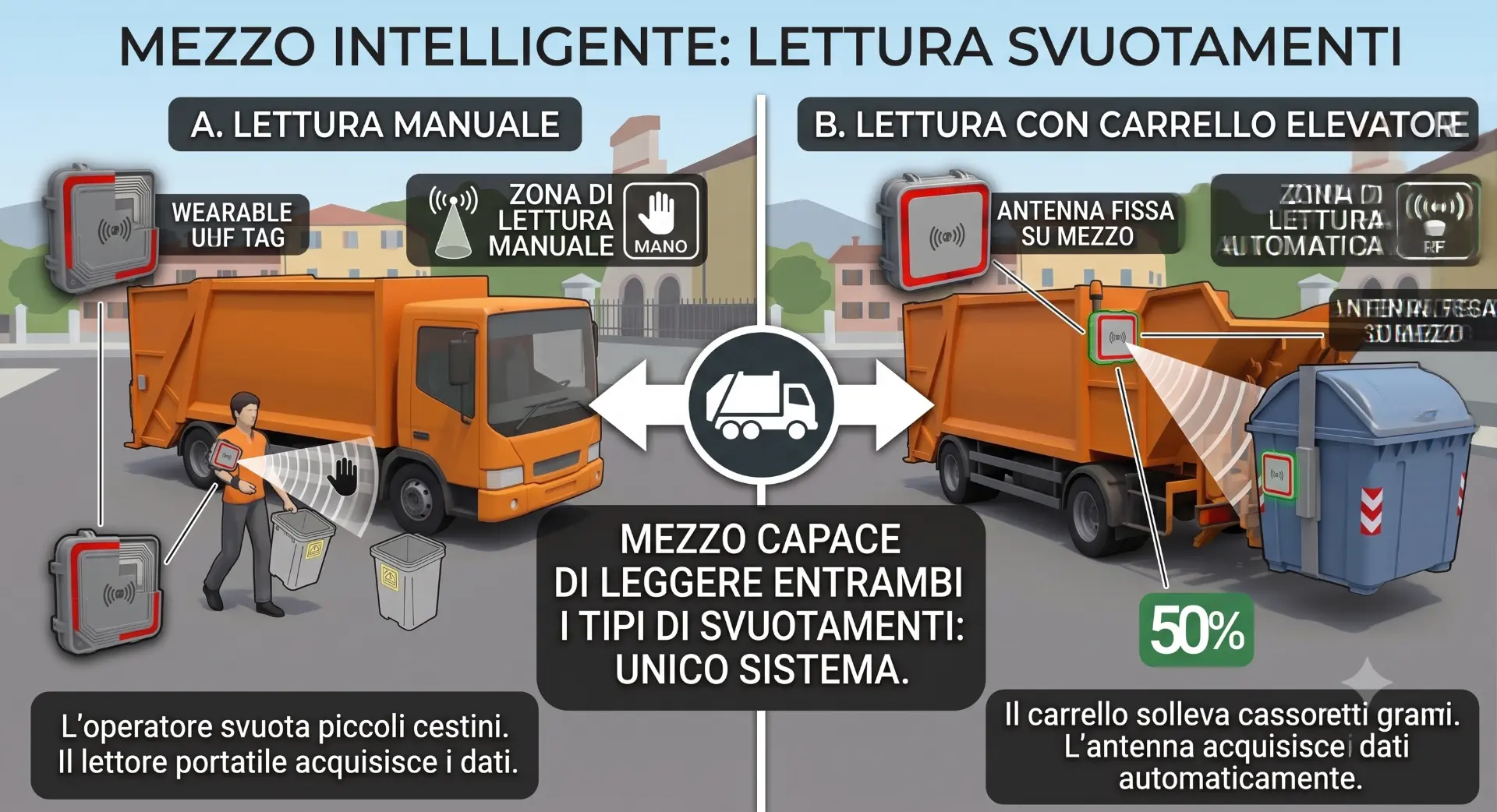 Mezzo intelligente che legge svuotamenti manuali e con carrello elevatore