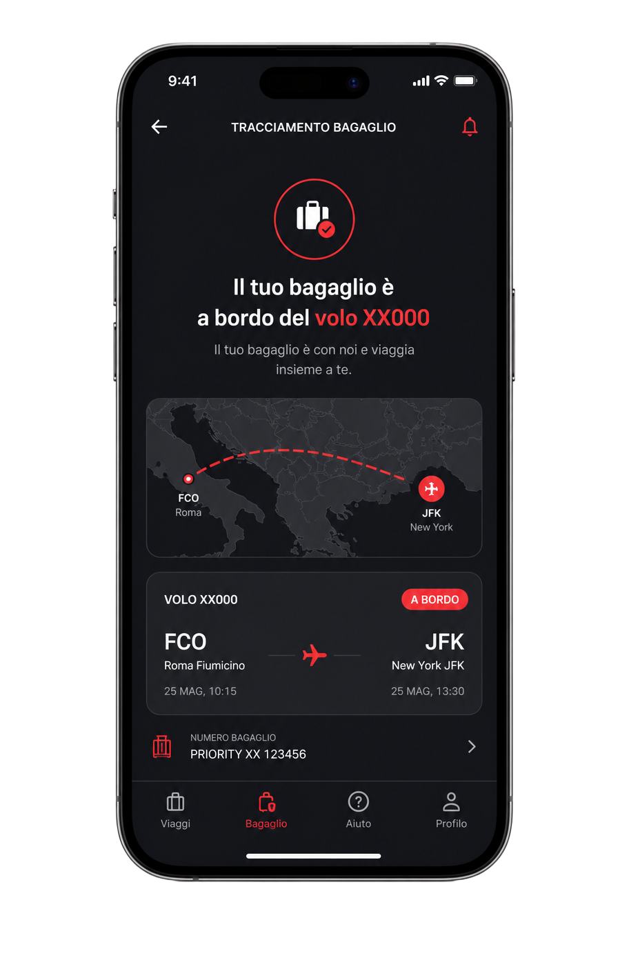 Notifica sullo smartphone del passeggero, il bagaglio è a bordo del volo