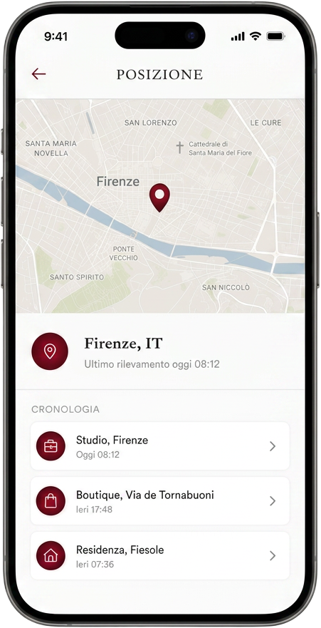 Schermata dell'app con la posizione in tempo reale e la cronologia degli spostamenti dell'esemplare