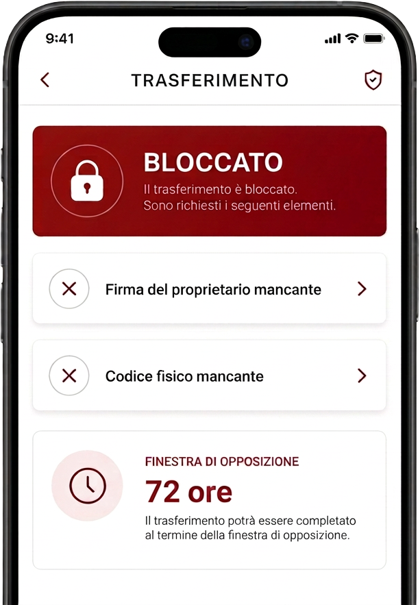 Schermata dell'app con il trasferimento bloccato e la finestra di opposizione di 72 ore