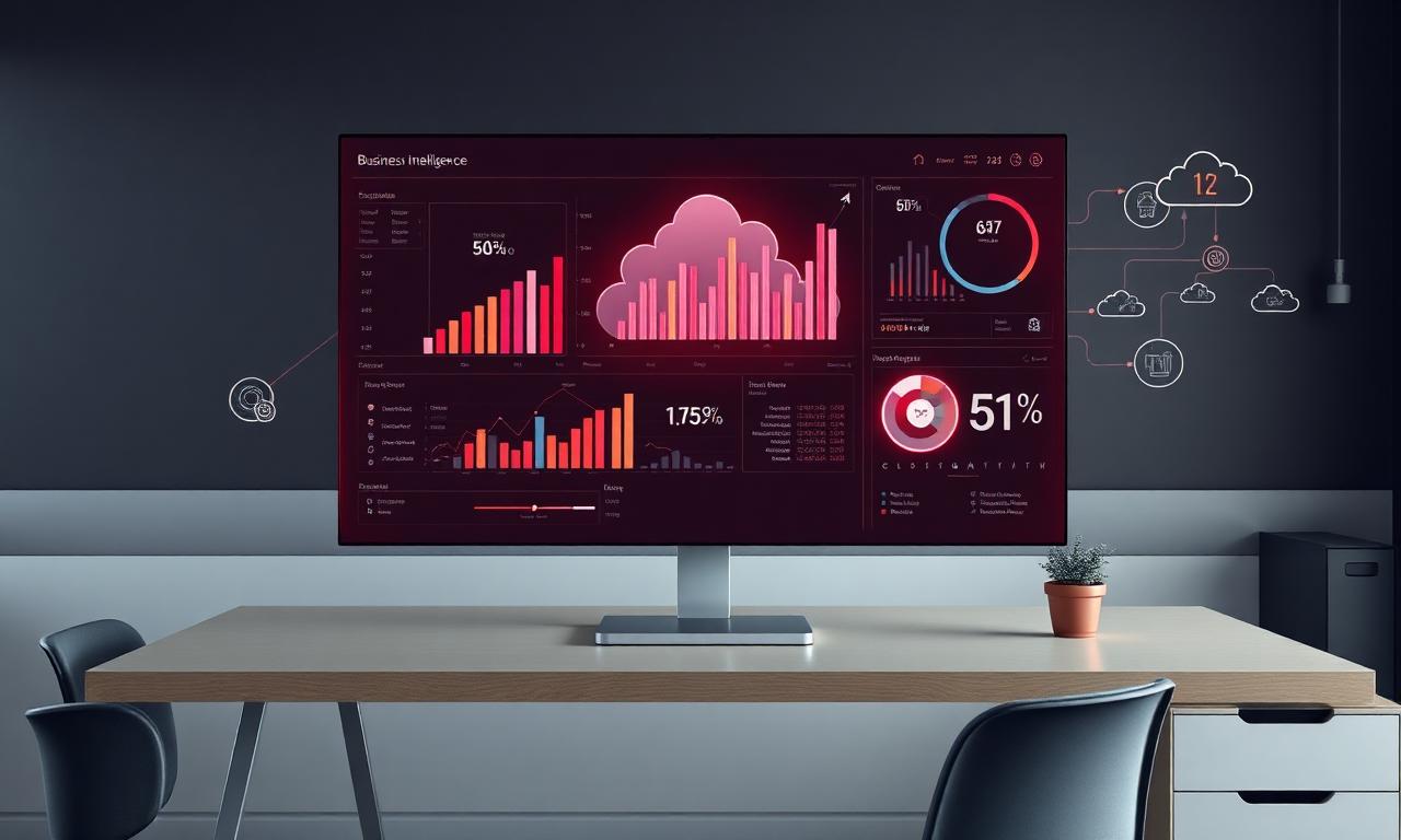 Dashboard di business intelligence con KPI e flussi dati cloud per la trasformazione digitale
