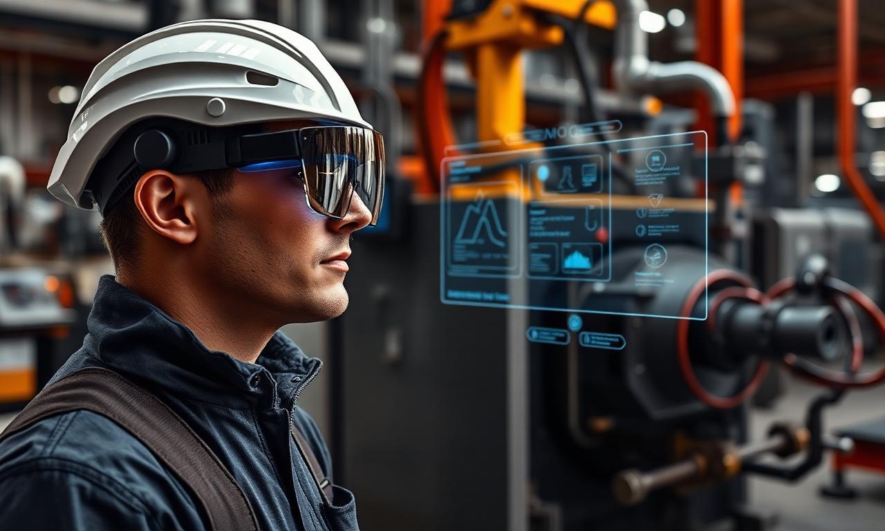 Operatore con visore di realtà aumentata che riceve istruzioni di formazione contestuale presso una macchina industriale