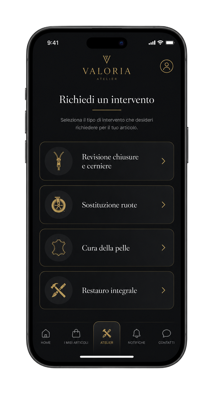 Richiesta di manutenzione in atelier dall'app: chiusure, ruote, cura della pelle e restauro