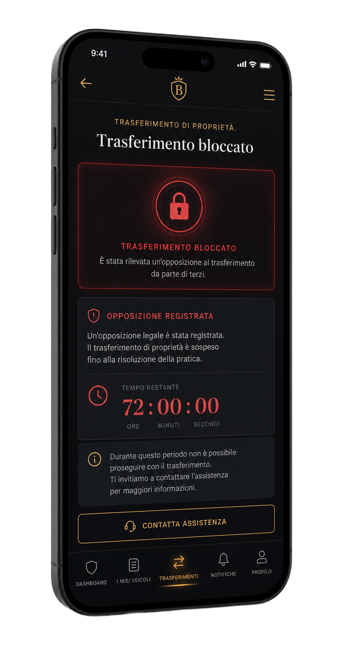 Schermata dell'app con il trasferimento bloccato e la finestra di opposizione di 72 ore